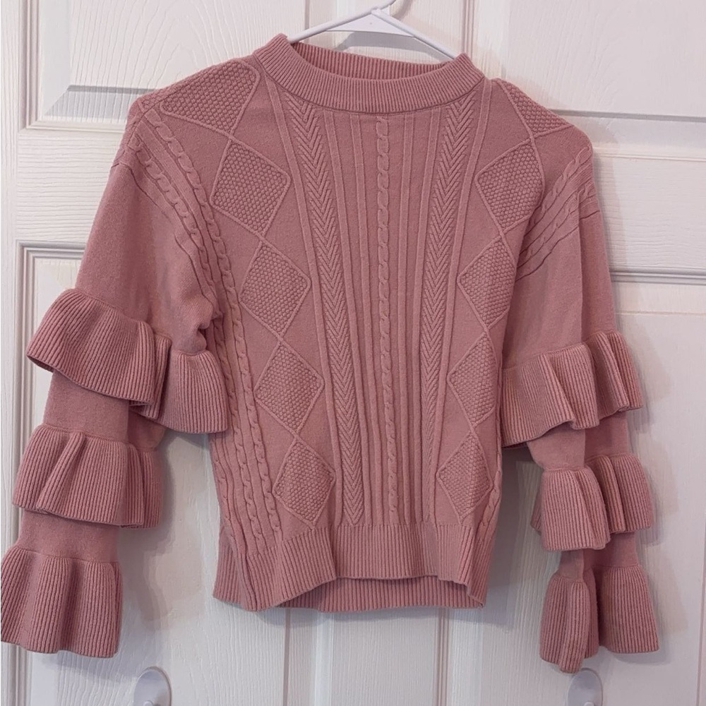 Pink Cable Knit Sweater with Ruffle Sleeves